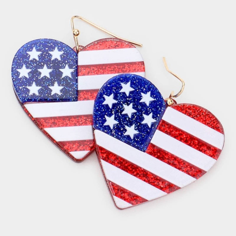 Glitter Acrylic American Flag Heart Earrings
